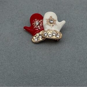 Red and White Mitten Brooch with Gold Accents